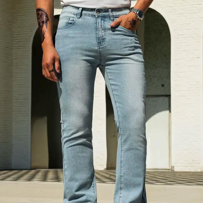 Jean évasé vintage bleu clair/noir pour homme, coupe slim droite, ourlet brut, pantalon en denim déc