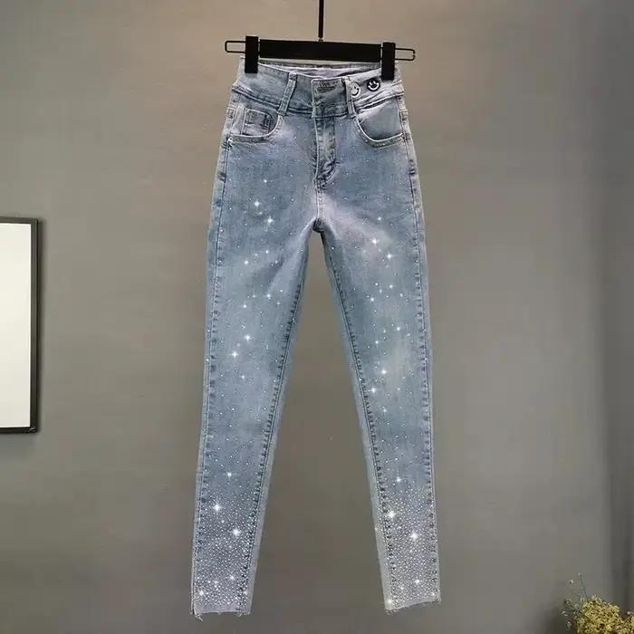 Jean femme 2025 été nouveau élastique mince industrie lourde diamant chaud petit pied crayon pantalo