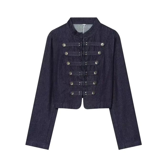 HH Punk Military Cropped Denim Coat Stand Collar Double Breasted Metal Button Jean Jacket Rock Festi