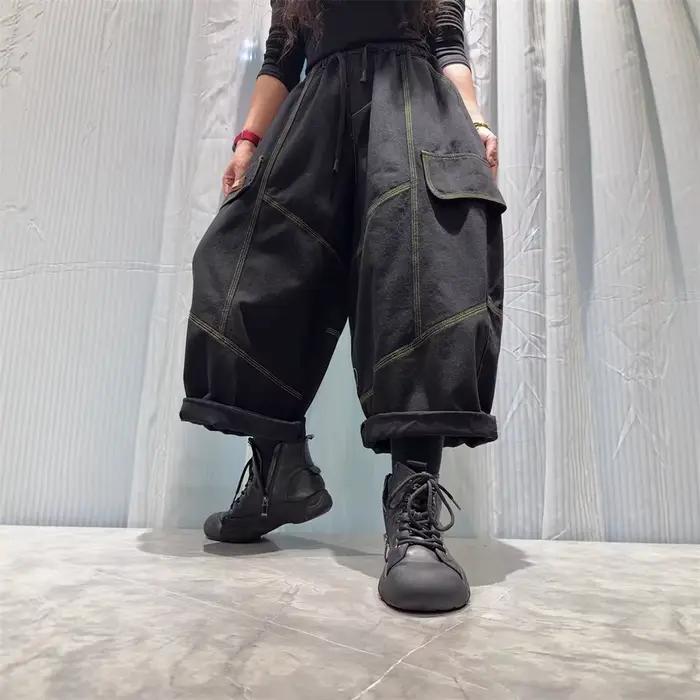 Jean vintage femme 2026, nouvelle taille élastique, couleur unie, coupe ample, streetwear, design pa