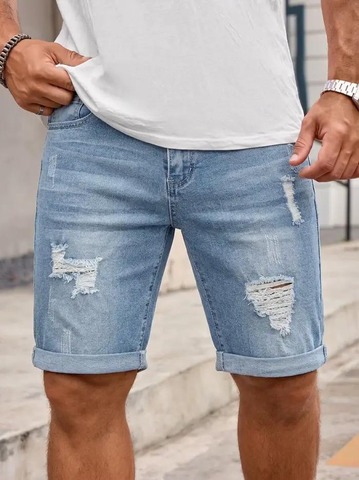 Shorts en jean déchirés bleu clair pour homme, coupe droite décontractée, effet usé