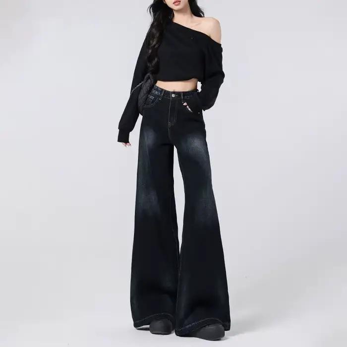 Jean américain rétro bleu-gris à jambes larges pour femmes, pantalon de sol ample taille haute, nouv