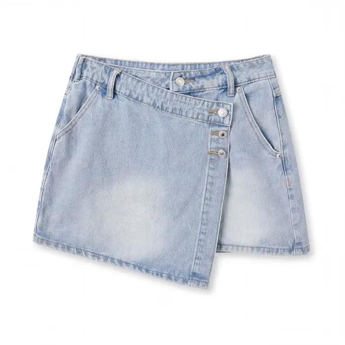 Combhasaki Jupe-short en jean asymétrique pour femme, style Y2K, boutonnée sur le devant, en denim e