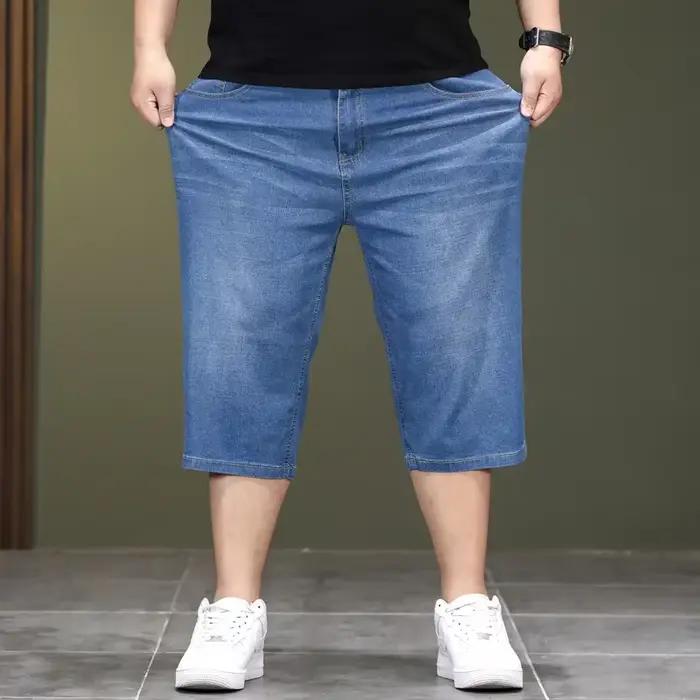 At-Short long en jean taille haute pour homme, jean grande taille, longueur genou, jean court, homme