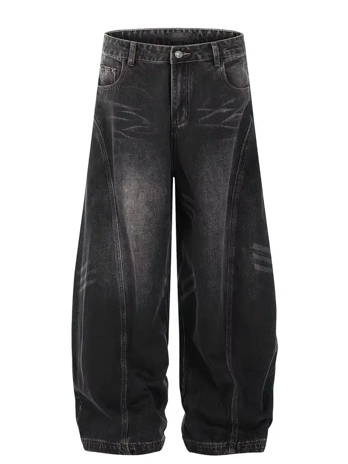 Vintage noir lavé Baggy jean pantalon hommes jambe large lame incurvée pantalon Streetwear Cowboy dé