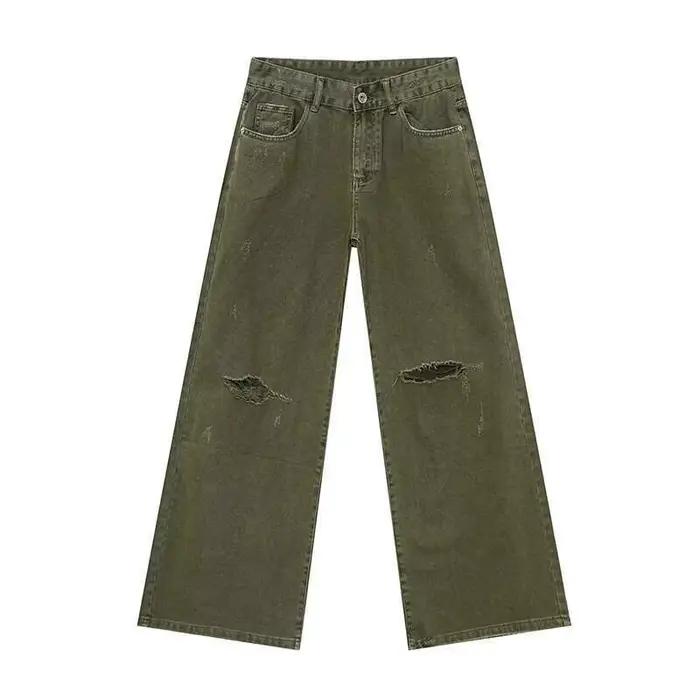 IEFB-Jean Droit Vintage pour Homme, Pantalon en Denim Vert, Vêtement à la Mode, Conception de Trous,