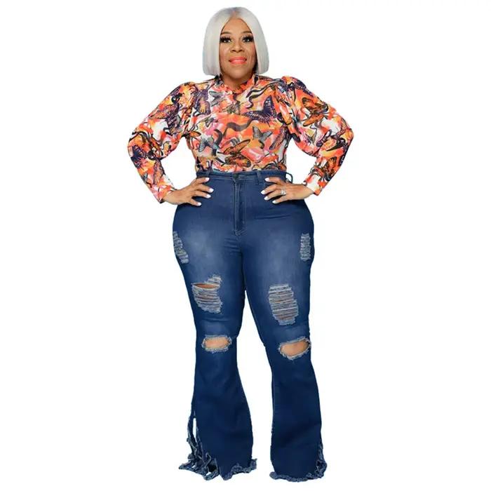 Wmstar-Jean grande taille pour femme, pantalon évasé en denim, poches solides, taille haute, à la mo