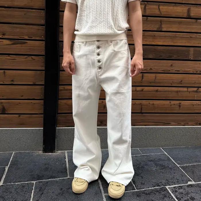 Jean pour homme de style américain, blanc, vintage français, à boutons sur le devant, coupe ajustée,