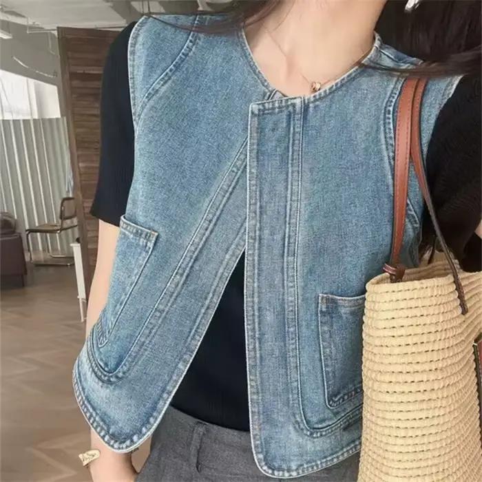 Gilet en jean pour femme, sans manches, col rond, avec poches, style décontracté, streetwear, mode p