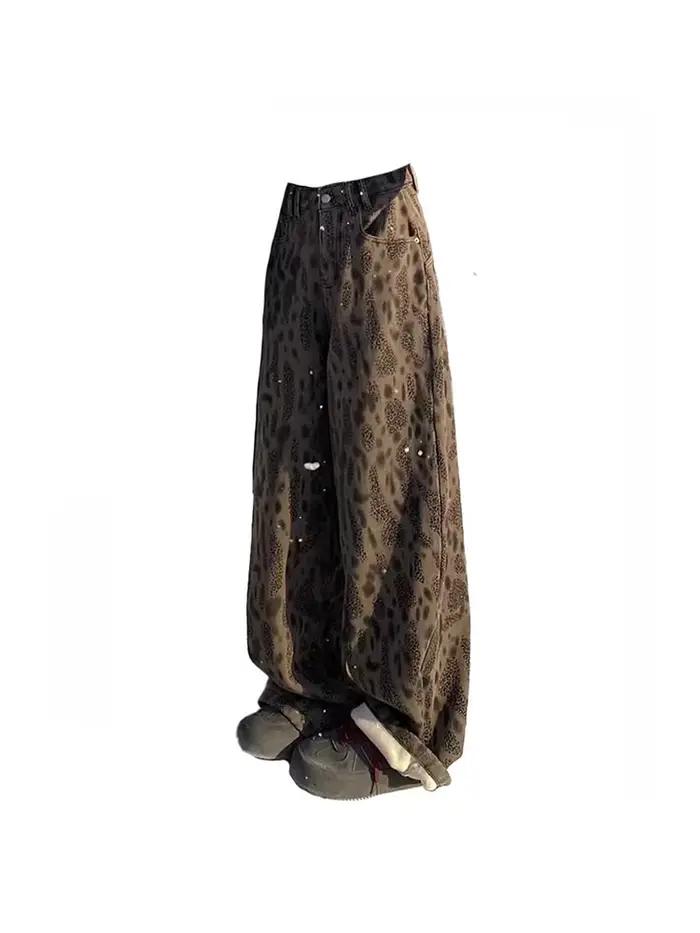 Jean léopard surdimensionné pour femme, jean baggy vintage, vêtements Emo Trashy, style japonais des