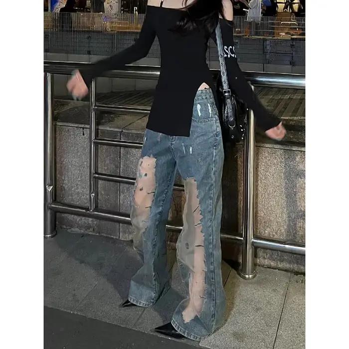 ZHIZOU Y2k jean esthétique femmes Sexy maille épissé Harajuku Streetwear Denim pantalon évider Kpop 