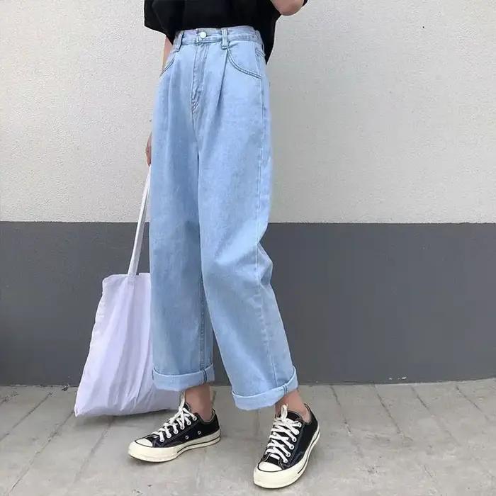 Jeans coréens pour femmes 2026, mode nouvelle, taille haute, coupe droite, pantalon en denim bleu, p