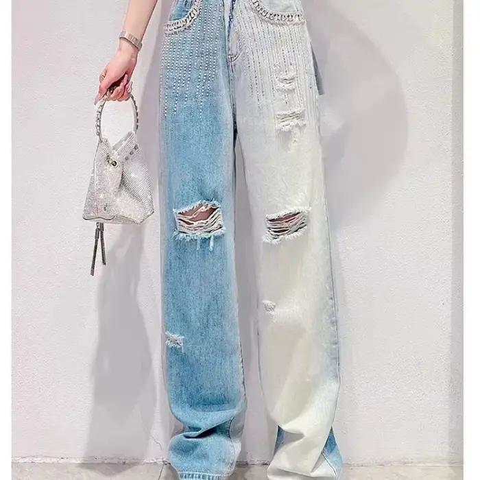 Jean déchiré en diamant chaud sensoriel pour femme, vêtement d'été, ample, taille haute, Slim, nouve