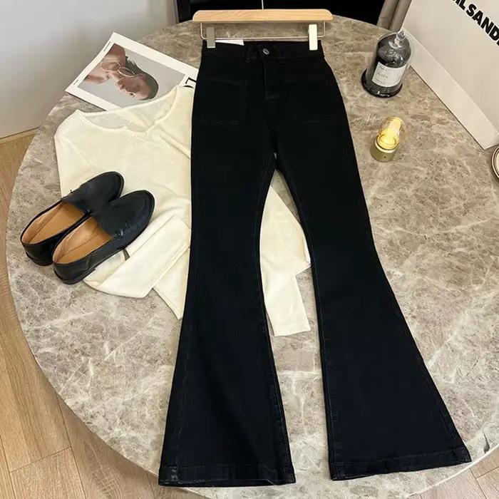 Nouveau Jean délavé taille haute pour femmes poches de Style coréen pantalon évasé en Denim mince da