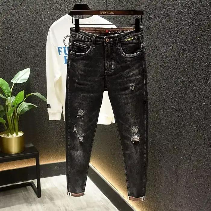 Pantalon de cowboy pour homme, jean déchiré, coupe slim, coupe courte, tuyau serré, déchiré avec tro
