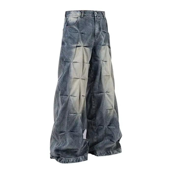 Jean délavé plissé pour hommes, rétro, poche de rue, ample, jambes larges, pantalon en Denim pour ho