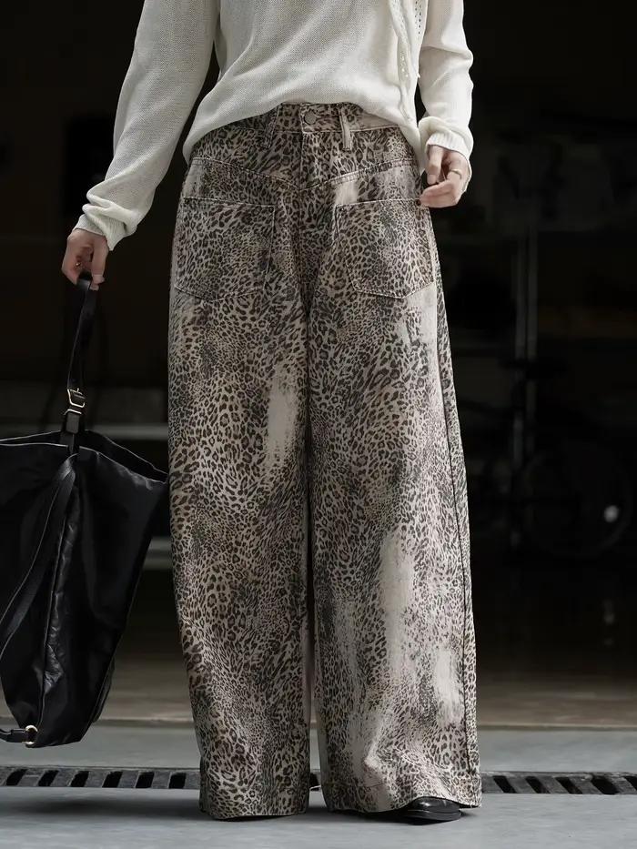 Jean à jambes larges imprimé léopard sauvage rétro tendance, pantalon ample croustillant et lisse po