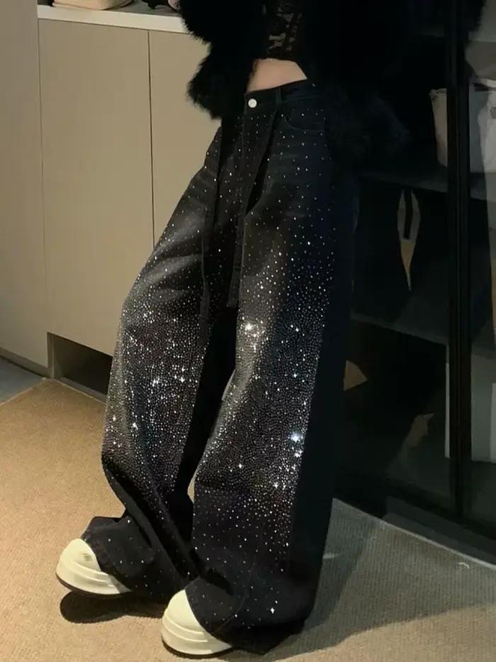 Jean rétro américain scintillant taille haute coupe large pour femme, pantalon décontracté en denim 