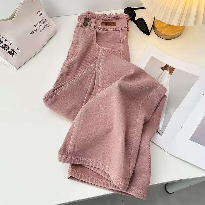 Jean Rose de Style Coréen pour Femme, Pantalon Droit en Denim, Taille Haute, Bord Brut, Simple, Doux