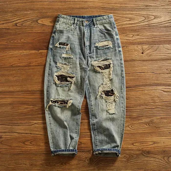 Jean vintage lourd pour hommes, ample, cône droit, tendance de rue, vieux pantalon déchiré pour homm