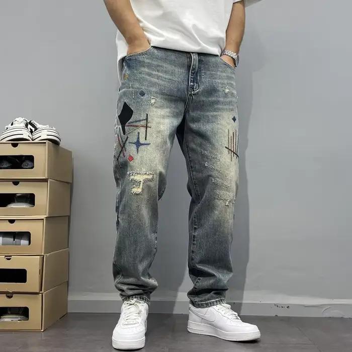 Jean brodé patché vieux lambeaux pour hommes, petit pantalon à jambes droites, pantalon américain de