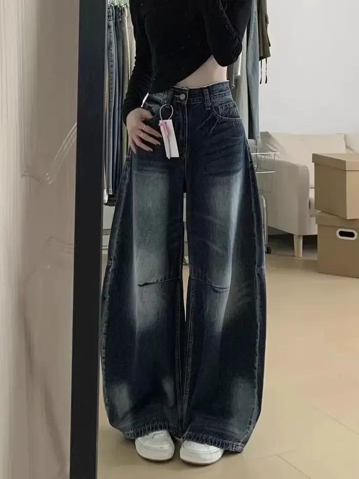 Jean ample en denim bleu-gris pour femme