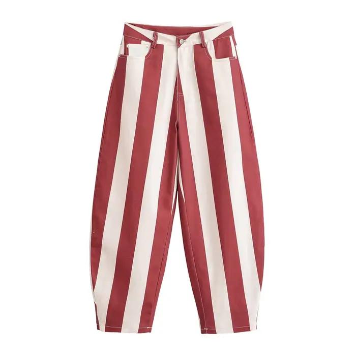 TFMLN Jean Femme Rayé Coupe Courbée Taille Haute Couleur Contrastante Ample Décontracté Fermeture Éc