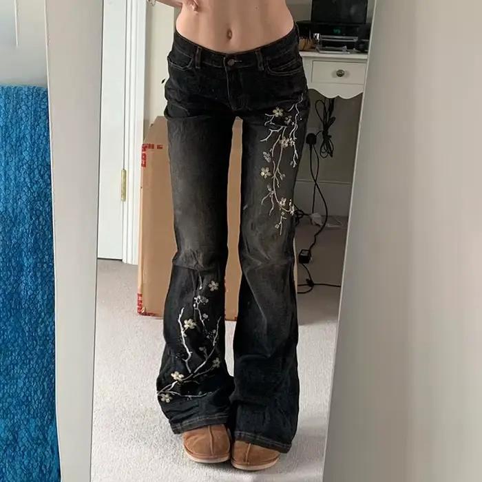 Jean Bootcut en Denim pour Femme, Vintage, Délavé, Broderie Florale, Taille Haute, Style Y2K, Street