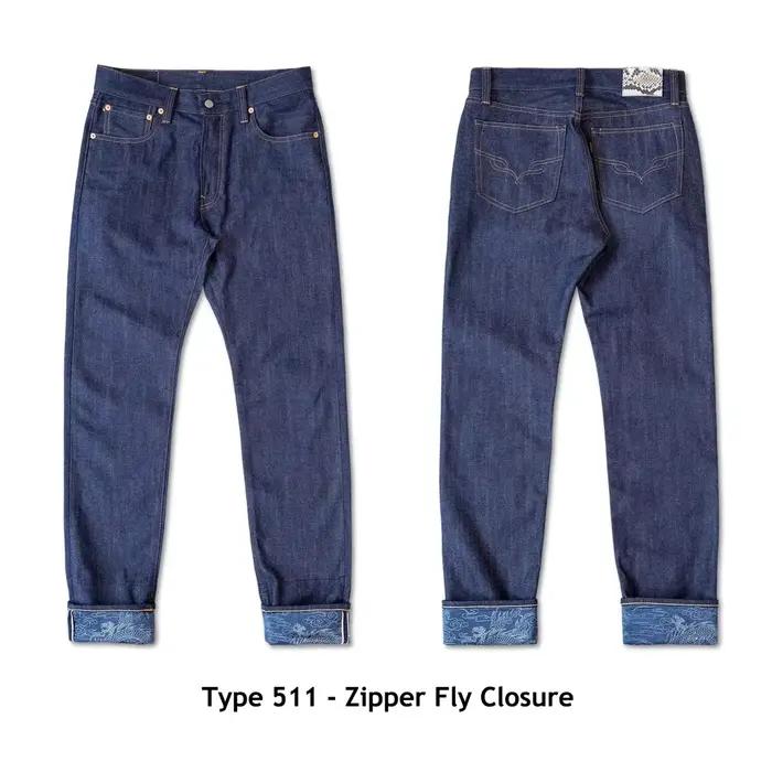 Jeans en denim à lisière indigo naturel, rouge tornade, noir, année du dragon, édition limitée, 14oz