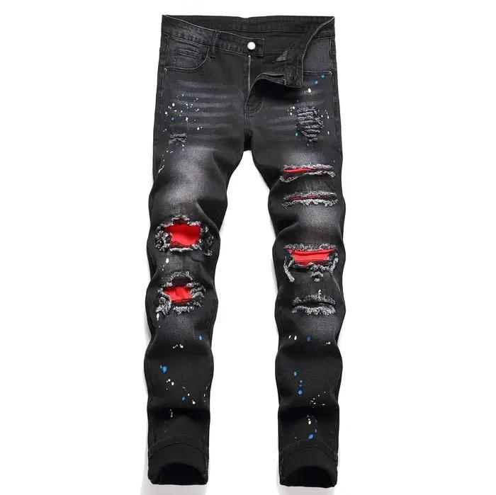 Jean extensible déchiré en Patchwork pour homme, pantalon Slim européen et américain, à la mode, ave
