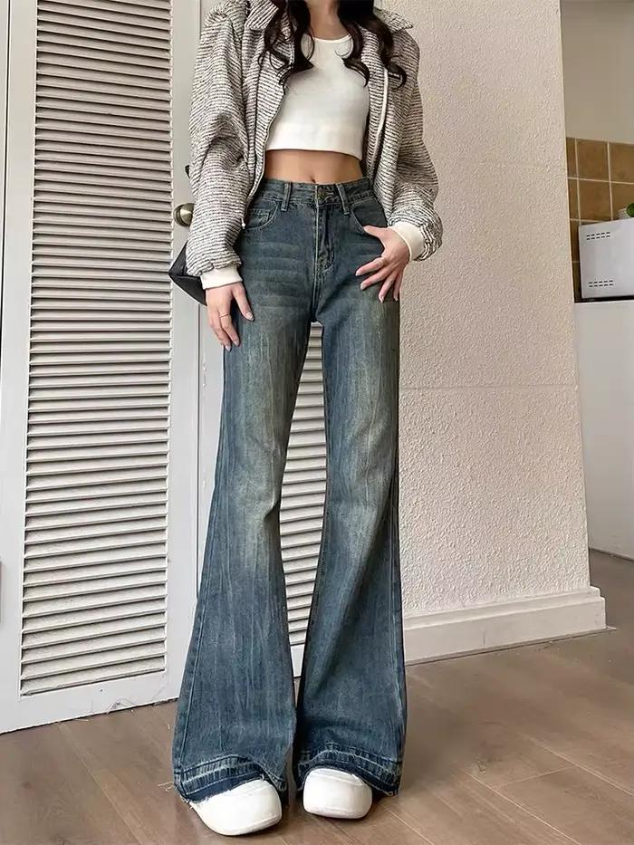 Jielur-Jean Slim Décontracté Vintage Bleu pour Femme, Style Américain, Chic, Bureau, Poches, Basique