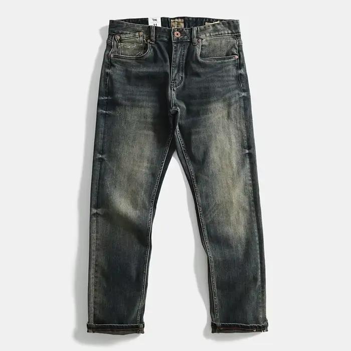 Jean délavé Vintage lourd japonais, coupe droite décontractée, extensible, moustaches en détresse, d