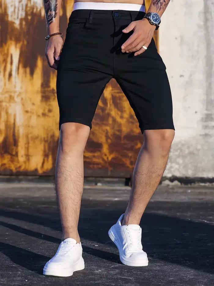 Shorts en jean pour hommes, stretch, délavés, vintage, effet usé, poches, boutons, basiques, coupe d