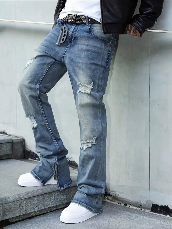 Nouveau jean zippé automne 2026 pour homme, déchiré et délavé, style streetwear, pantalon en denim