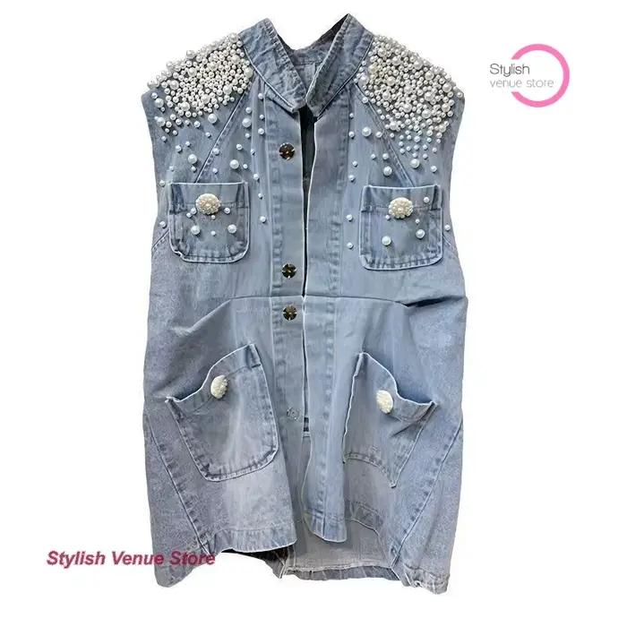 Français rétro perlé denim gilet veste femmes printemps et automne nouvelle mode lourd manteau gilet
