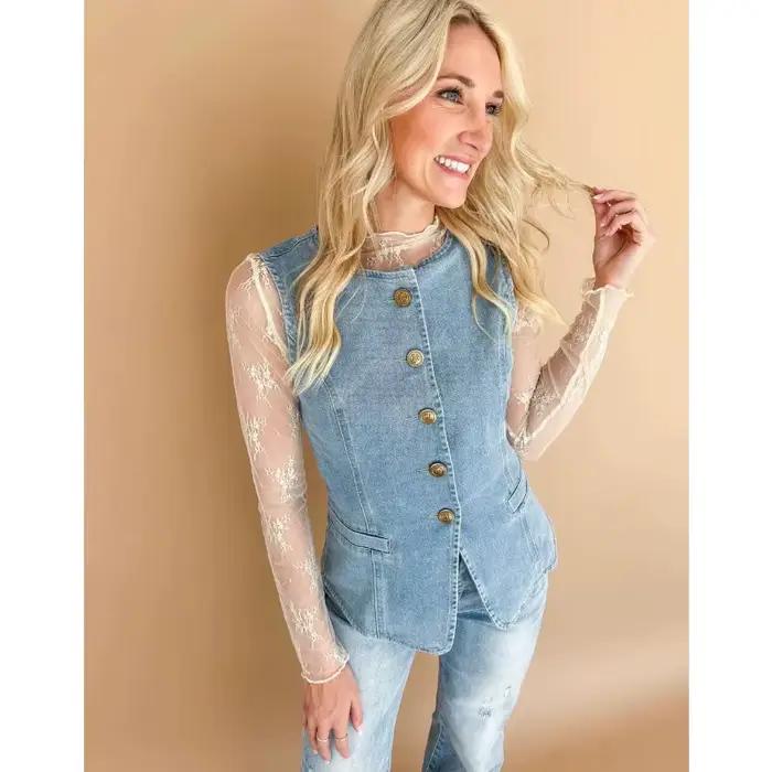 Gilet en jean sans manches pour femme - Gilet vintage boutonné avec poches pour un style décontracté