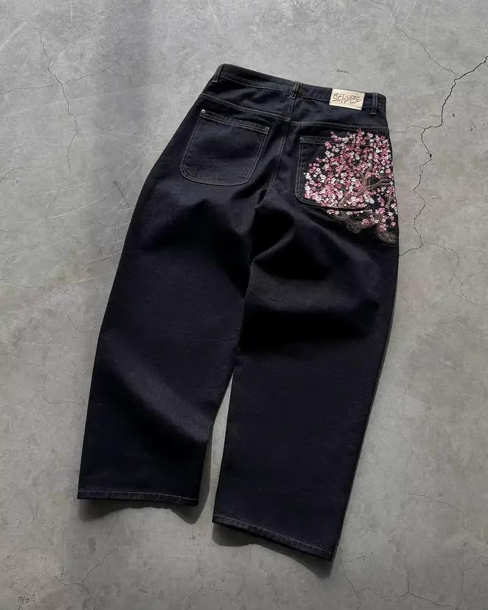 Jean pour hommes Sakura broderie mince droite lavage léger coton extensible décontracté Streetwear u