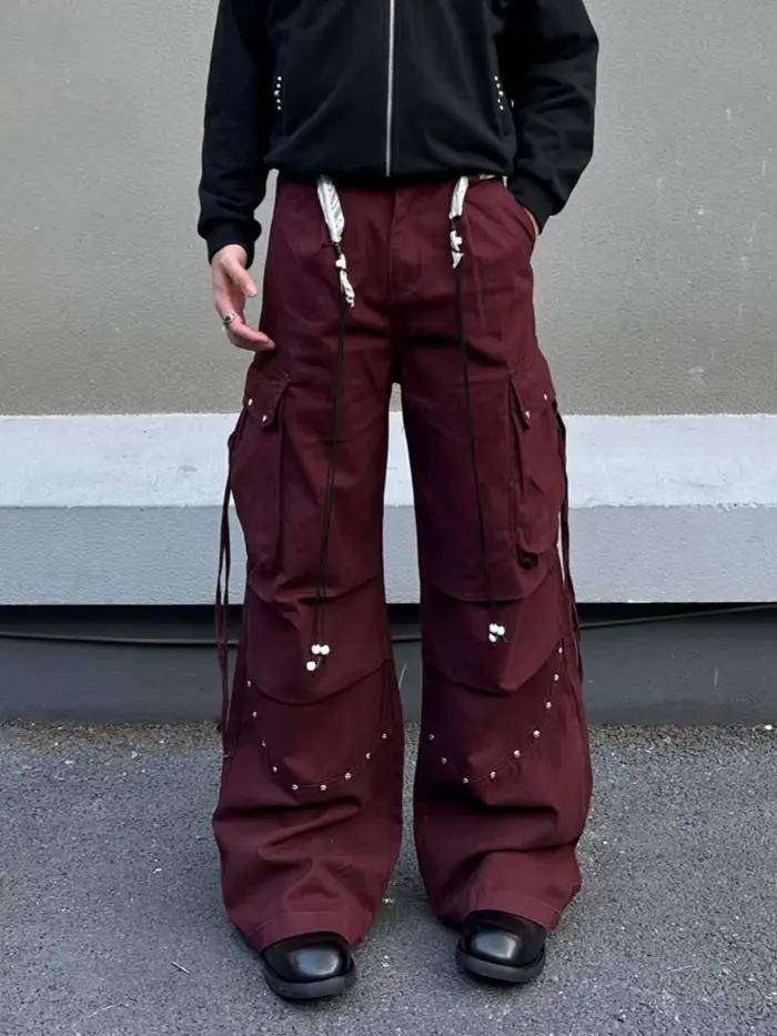 Pantalon cargo baggy plissé noir avec rivets, style streetwear Y2K 2026, pour homme, en coton, panta