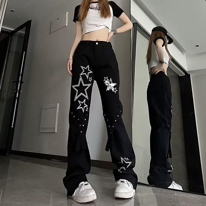 Pantalon en denim taille haute pour femme, jean fluo, hippicopter astronomique, cool, esthétique, ré
