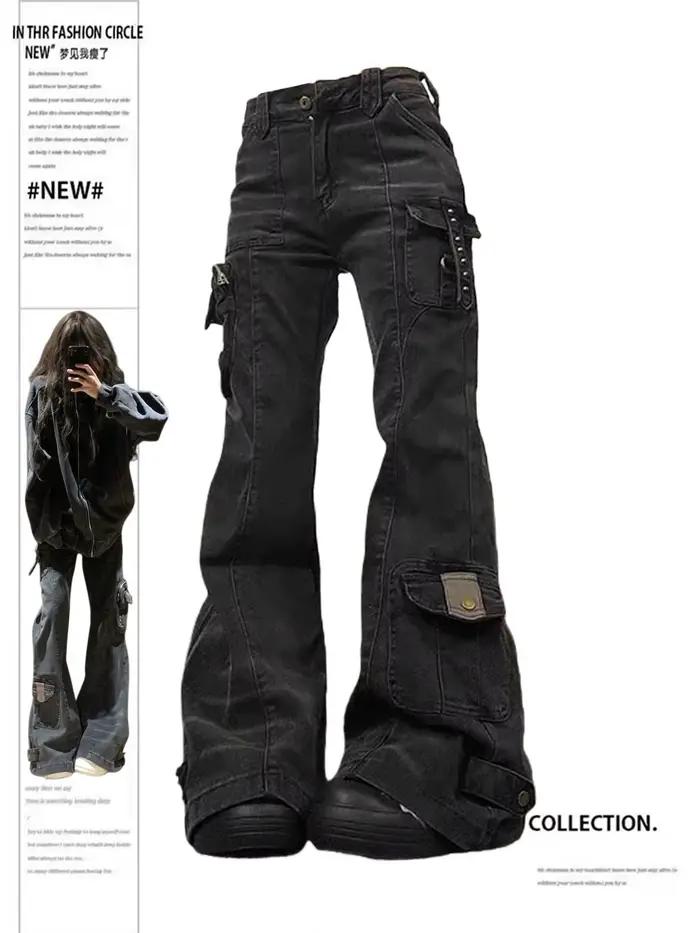 Jean Cargo évasé pour femmes, pantalon en Denim taille basse japonais Harajuku, Abi Y2k, bas cloche 