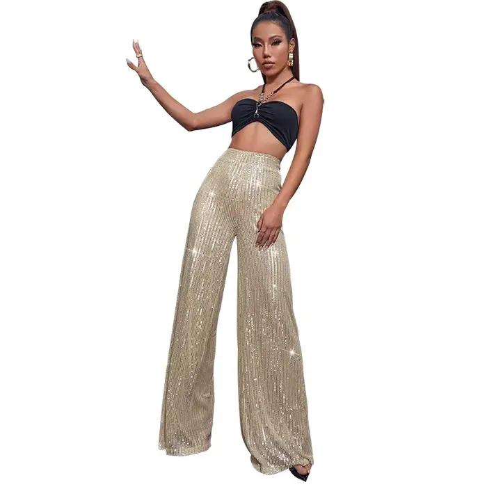 Pantalon droit à jambes larges à paillettes pour femmes, mode solide, décontracté, élastique, taille