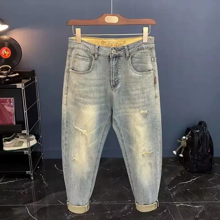 Jean Vintage tendance pour hommes, 9 points, 1 jambe, cône, haut de gamme, Style de rue, coupe cintr