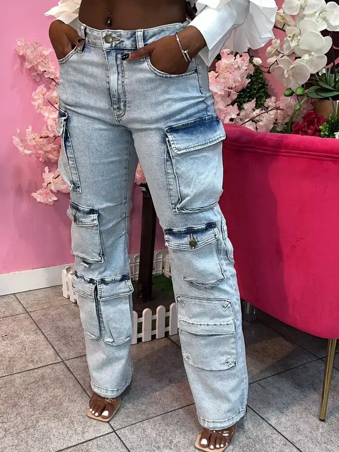 Jean Cargo Femme Coupe Droite Multi-Poches Taille Haute Extensible Denim Vintage Délavé Streetwear 2