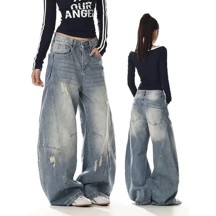 YIBASHU Jean déchiré pour femme, style rétro américain, denim bleu, design Y2K, coupe large, style c