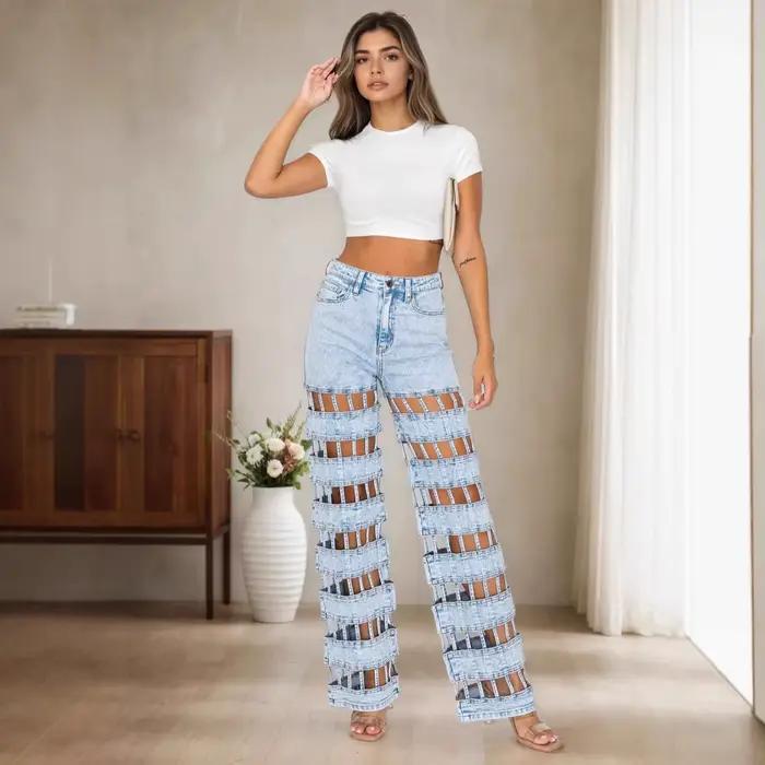 Mode évider Denim pantalon femme couleur unie taille haute jambe large jean femme Streetwear bas été