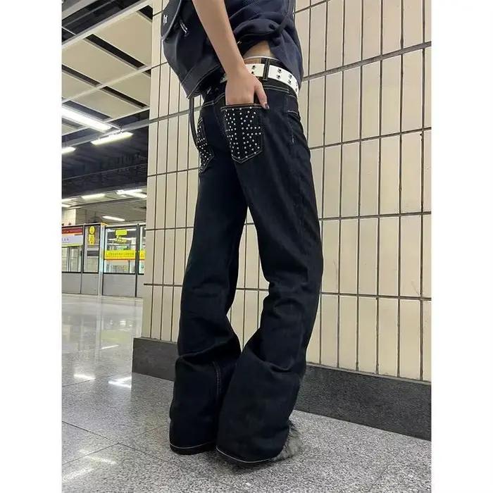 Deeptown Vintage strass femmes jean Y2k Harajuku taille basse Style américain pantalon en Denim droi