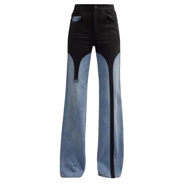 Jean délavé bicolore de styliste, pantalon en Denim droit taille haute, Vintage, en détresse, pantal
