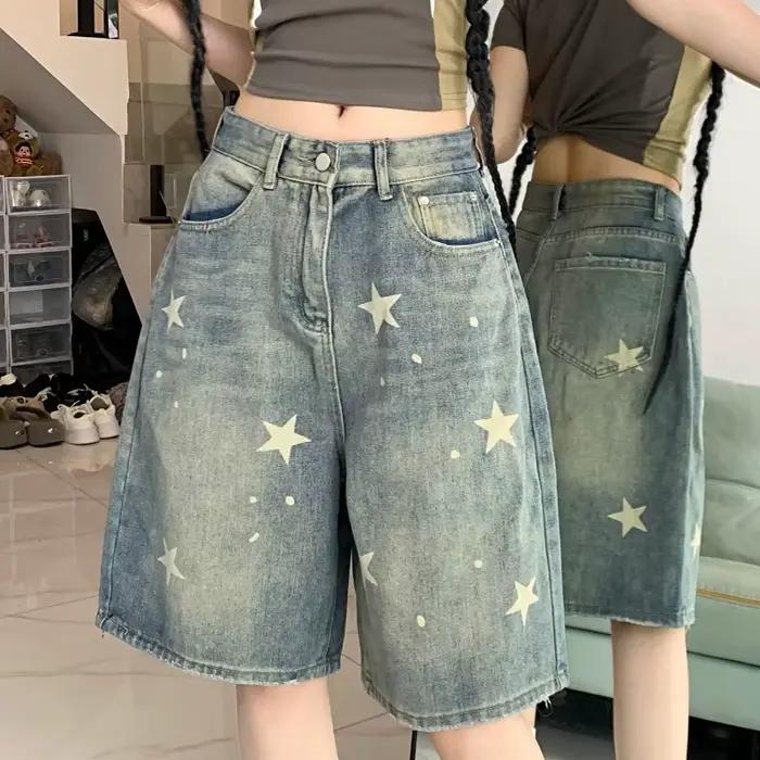 Shorts en jean délavé style vintage américain Neploe Y2k, taille haute, coupe droite, jambe large, n