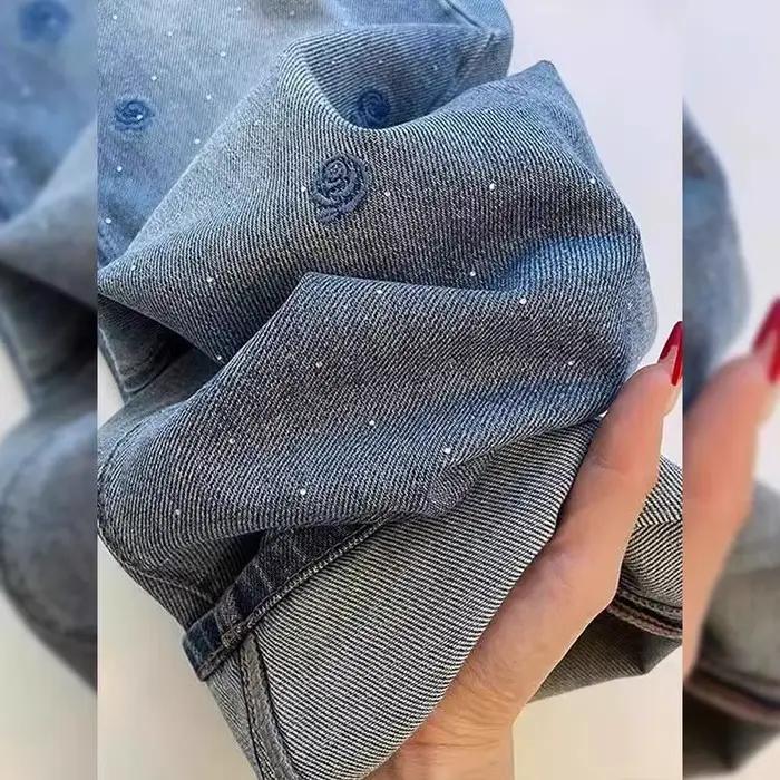 Pantalon en jean rétro brodé de roses en strass pour femme, taille haute, coupe droite, jambe large,