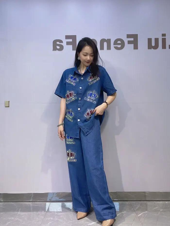 Paillettes couronne Denim jambe large pantalon ensembles femme jean 2 pièces ensembles col rabattu m